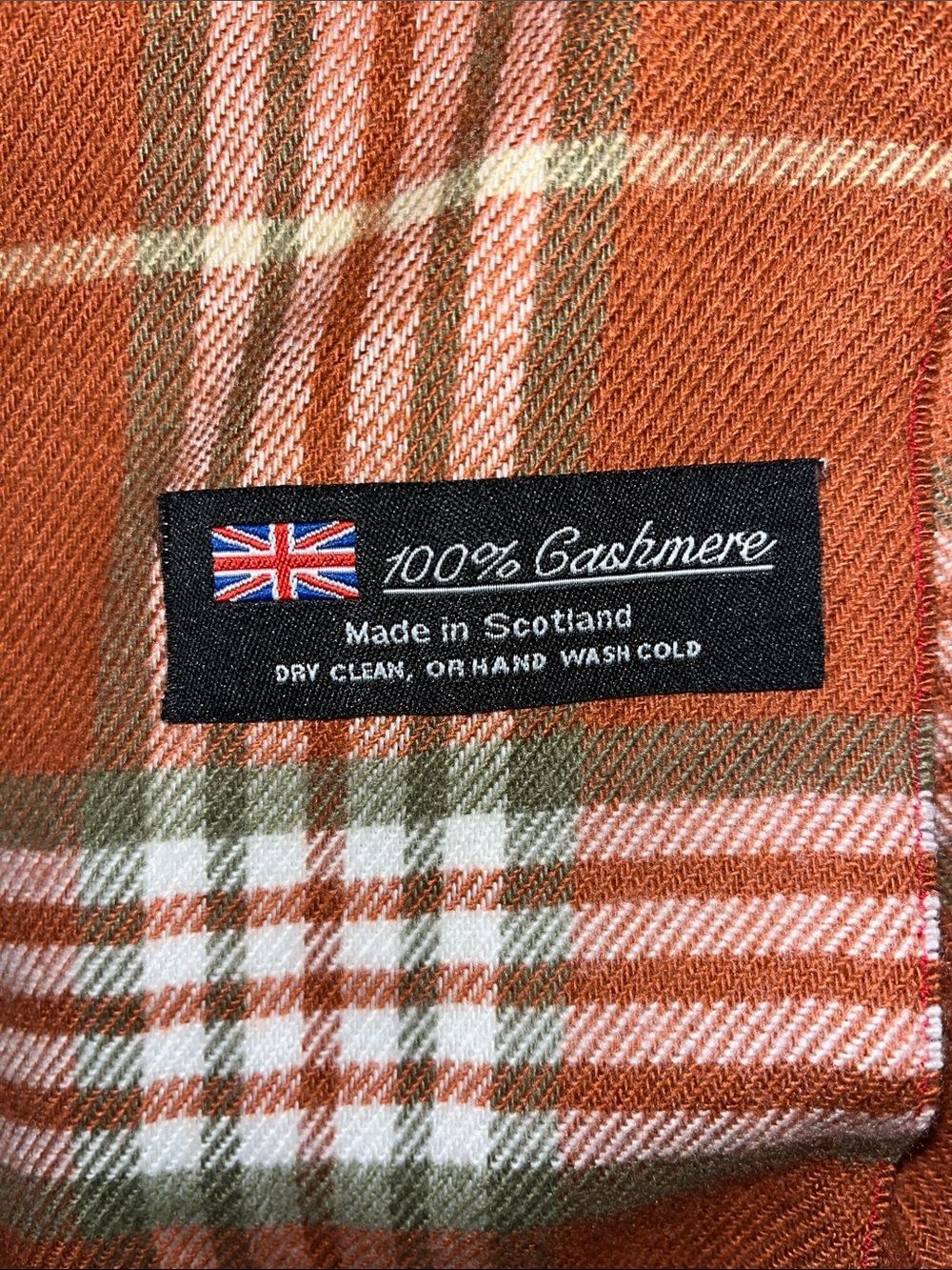 Scotland Cashmere cold weather winter scarf fringed Orange Green Creme Tartan
